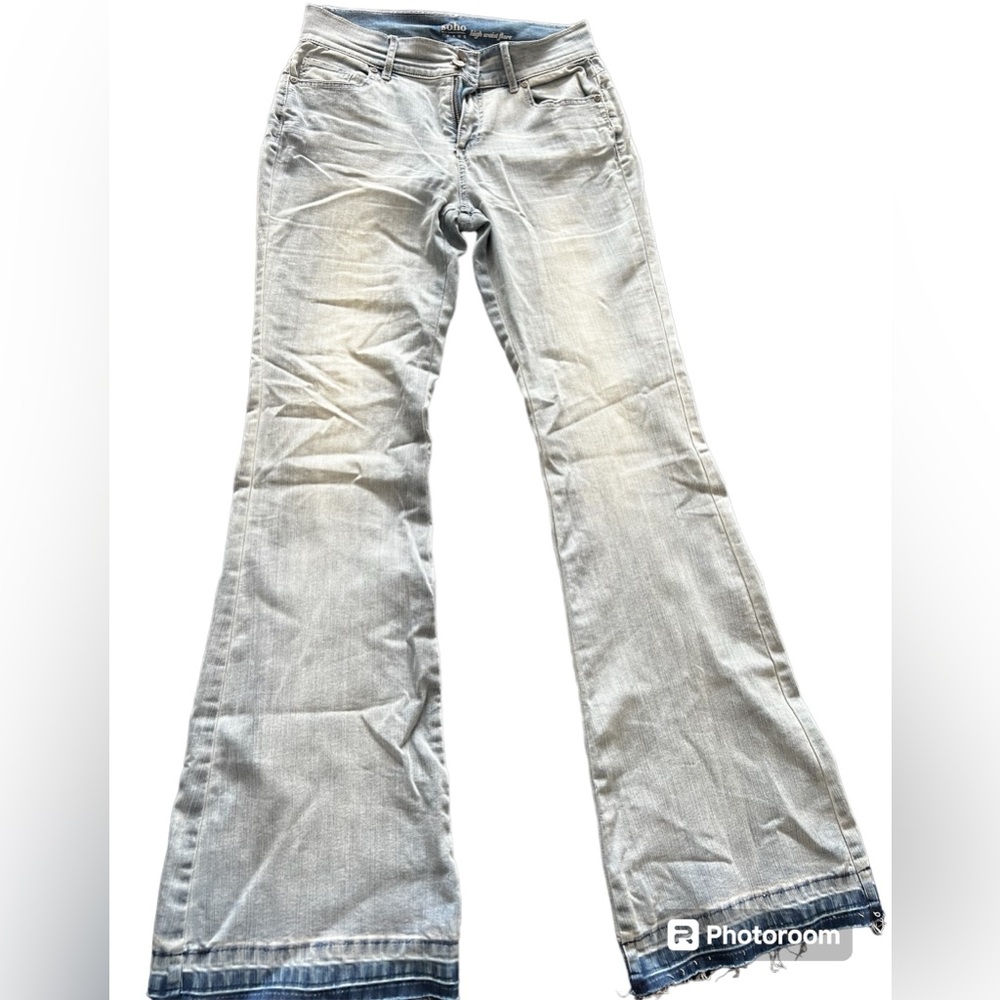 New York & Co. SoHo, high waist, flare leg, light wash denim, distressed raw hem